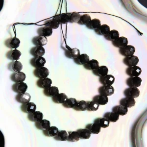 Perle Obsidienne Argenté rondelle facettée en pierre naturelle sur fil